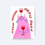 Şaraplı Pembe Kedi Poster Çerçevesiz
