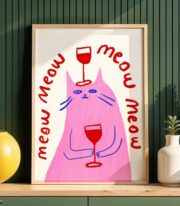 Şaraplı Pembe Kedi Poster Çerçevesiz - Görsel 3