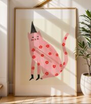 Çiçek Desenli Pembe Kedi Poster Tablo Çerçevesiz - Görsel 7